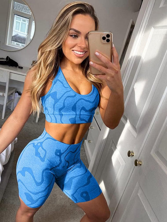 Women'S Workout 2 Piece Outfits High Waist Running Shorts Seamless Gym Yoga Sports Bra Blue