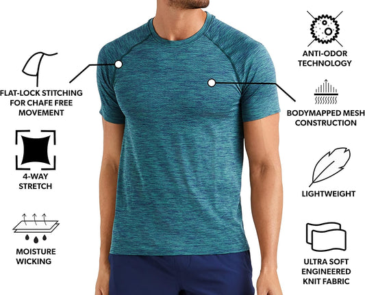Men'S Reign Tech Short Sleeve Lightweight, Anti-Odor, Moisture Wicking, Quick Dry Workout Shirt (Mallard Green/Navy Heather, X-Large)