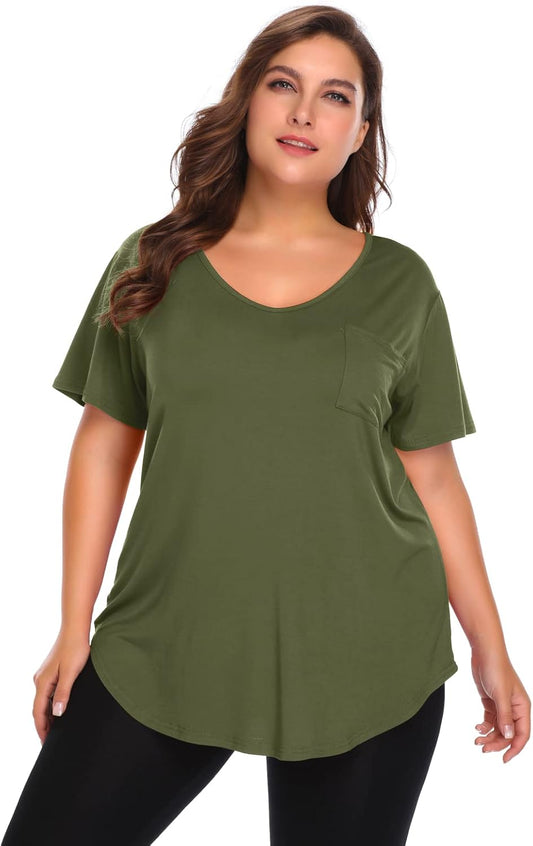 Women plus Size V-Neck Tunic Tops Loose T Shirt with Pocket