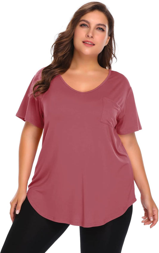 Women plus Size V-Neck Tunic Tops Loose T Shirt with Pocket