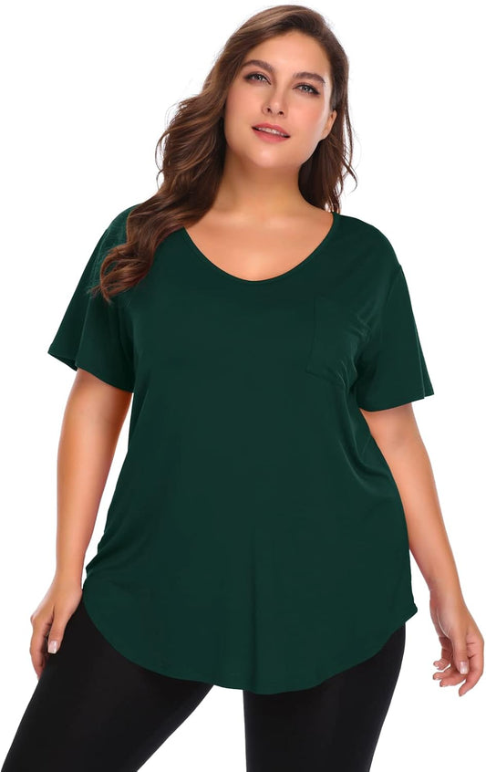Women plus Size V-Neck Tunic Tops Loose T Shirt with Pocket
